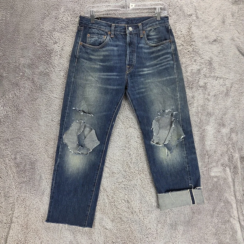 Levis 501 Jeans Mens Blue Selvedge LVC Raw Hem Destroyed Honeycomb Fits 29x24